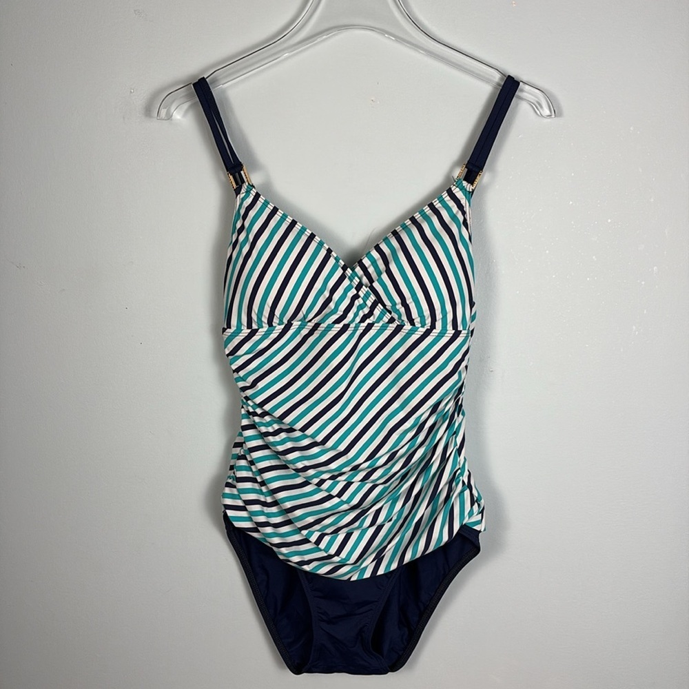 Striped Navy and White One Piece Swimsuit - Picture 1 of 5